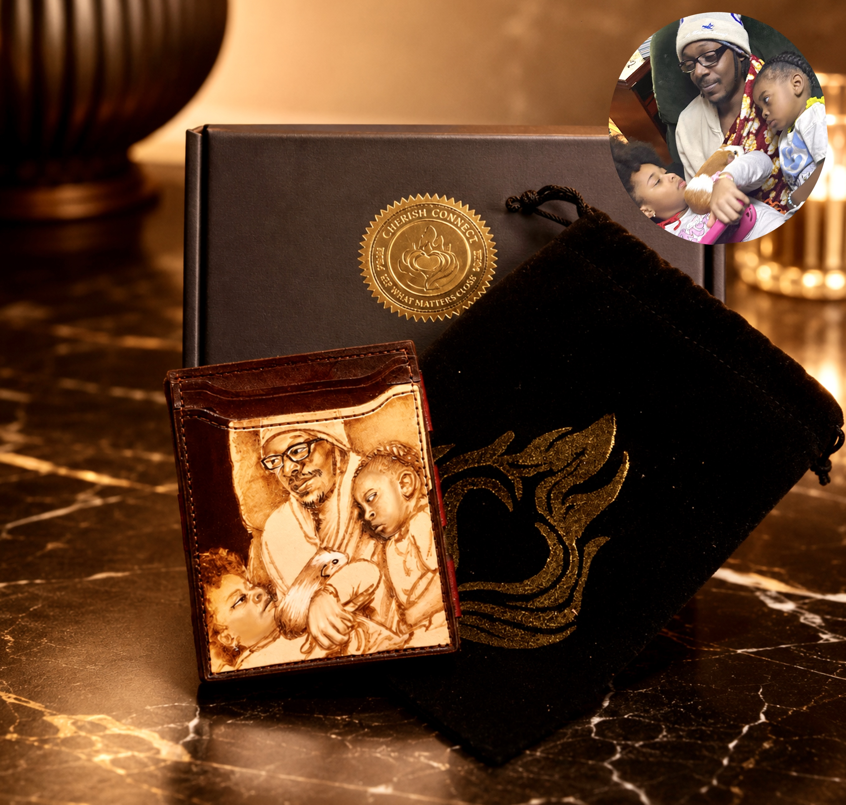 Example of pyrography portrait artwork on a Cherish Connect wallet